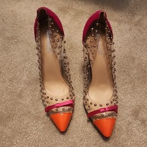 Pink and Orange Studded Heels with Transparent Design
